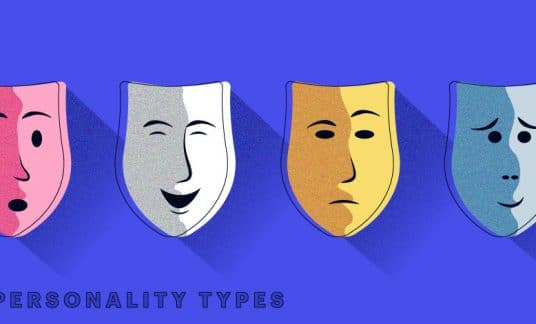 Different colored masks with different expressions set amid a blue background with the words “personality types” below