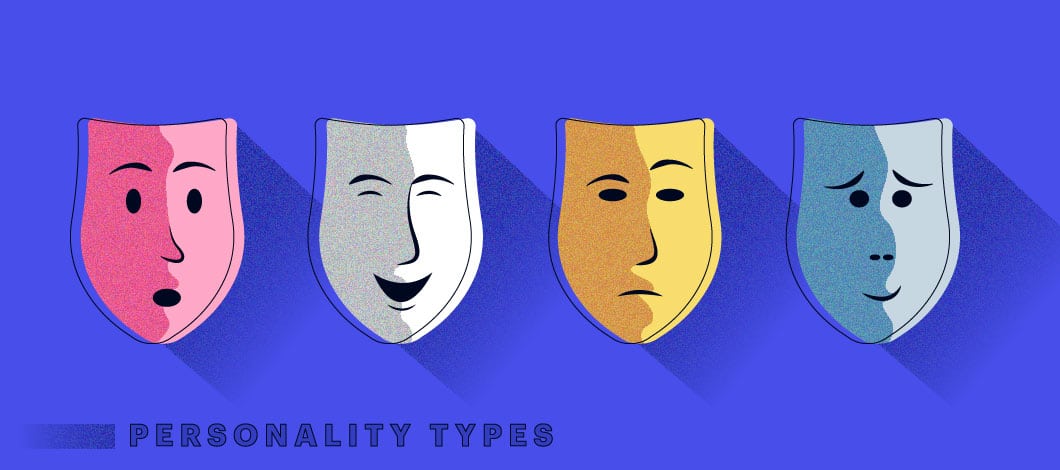 Different colored masks with different expressions set amid a blue background with the words “personality types” below