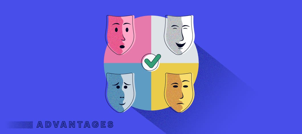 Different colored masks each with a different expression set in a circle with a green check mark in the middle and the word “advantages” below