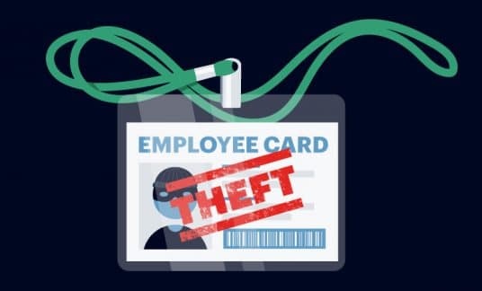 Employee name tag with an image of a worker with the word “Theft” on it