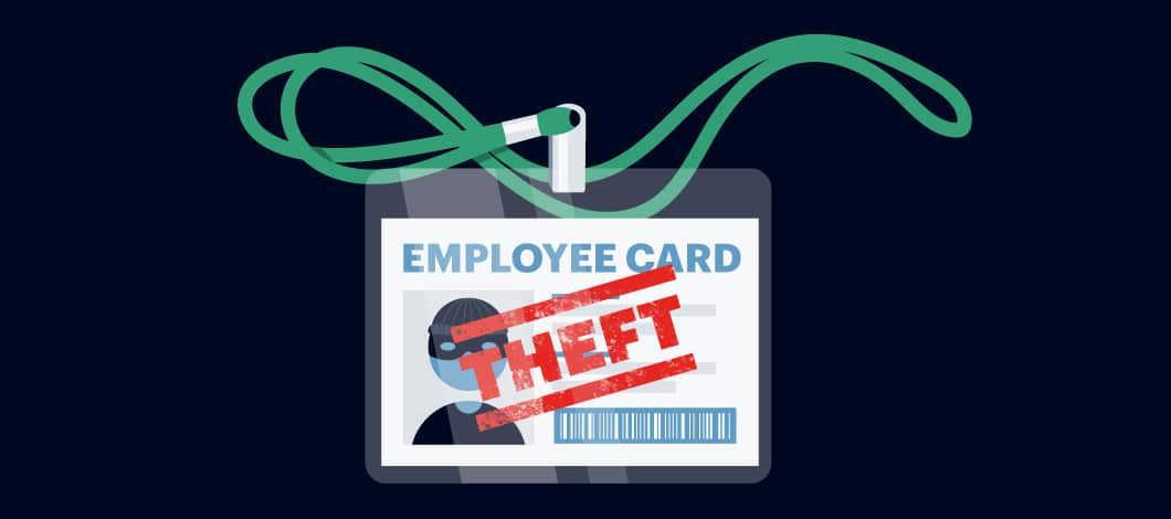 Employee name tag with an image of a worker with the word “Theft” on it