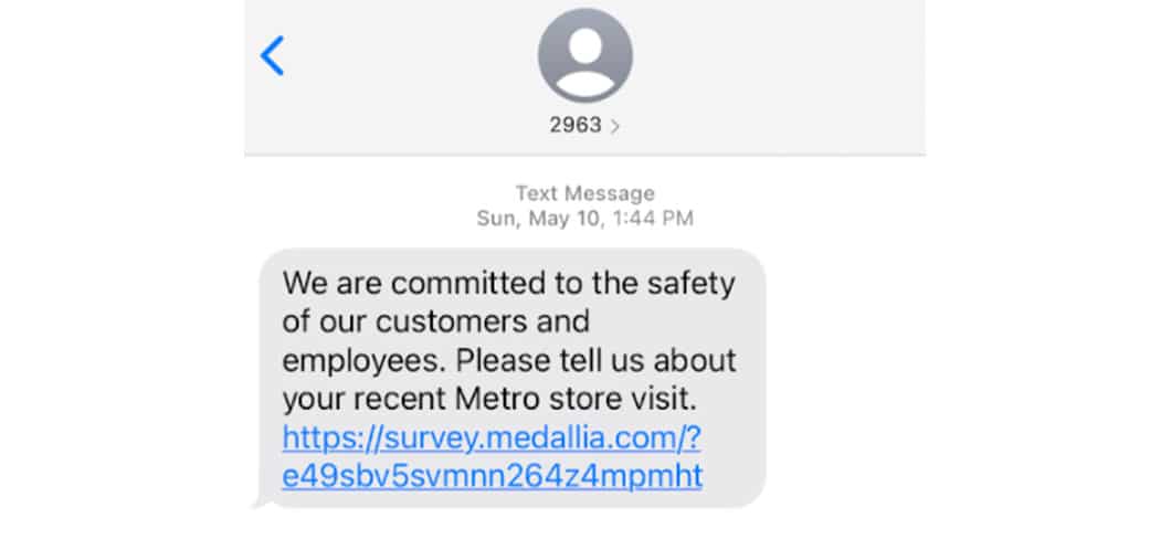 Snippet of a mobile message from Metro PCS requesting users to click a link to leave a review