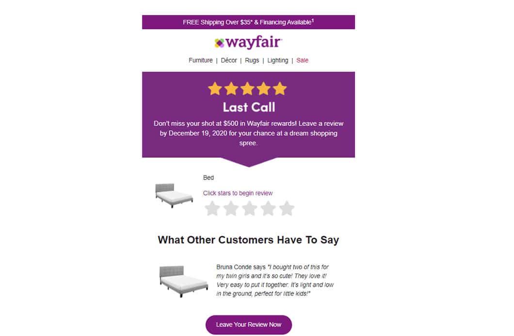 Email from Wayfair requesting a review of a recent bed frame purchase, with an image of the bed