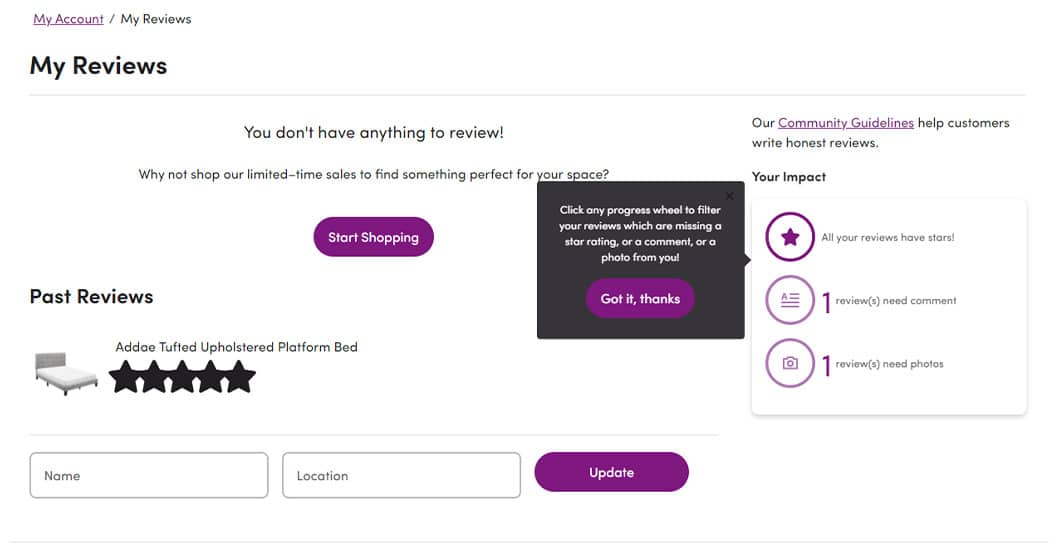 Wayfair review page where users can leave a star rating or shop