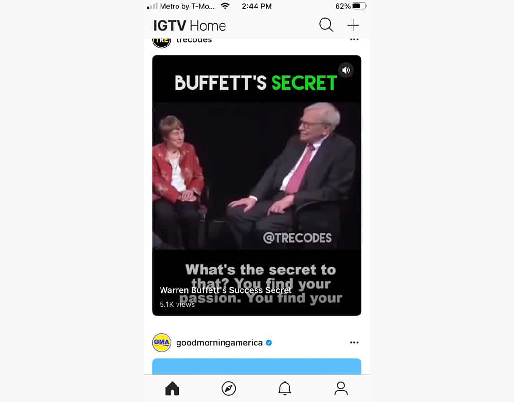 IGTV post called Buffett’s Secret with Warren Buffet being interviewed.