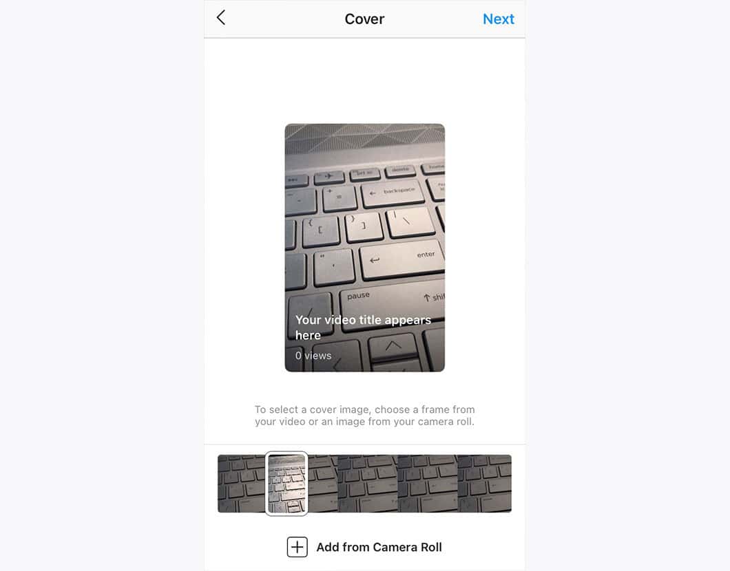 IGTV step to choose a cover photo and placeholder showing where video title will appear.