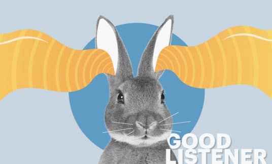 Image of a rabbit with raised ears and the words “good listener”