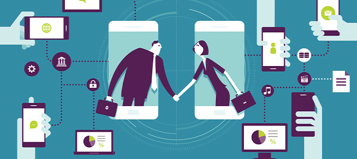 Blue background with graphic showing many hands, each holding a mobile device. Two business professionals shake hands.