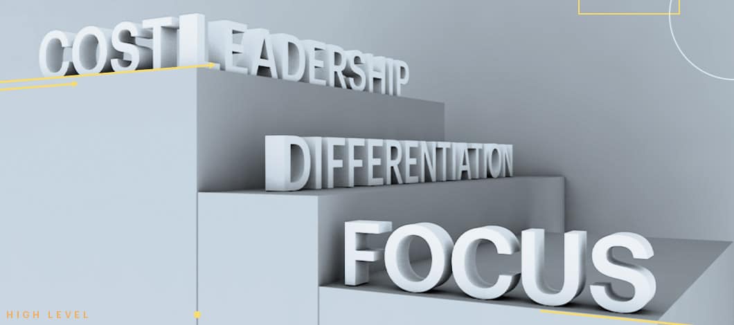 Cost Leadership, Differentiation, Focus words on a set of stairs 