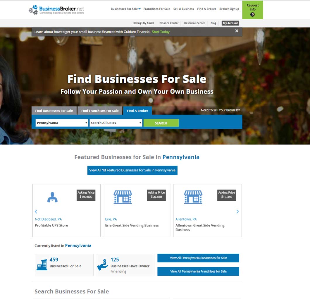 BusinessBroker.net home page with a search field for find businesses or franchises for sale or business brokers
