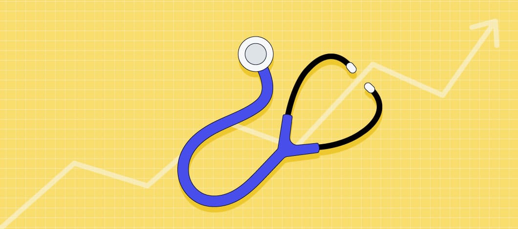Yellow background with image of a blue stethoscope and an upward-facing arrow behind it.