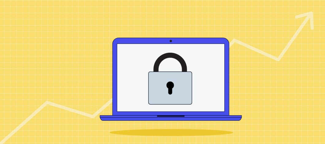 Yellow background with an image of a blue laptop with a picture of a lock on the screen.