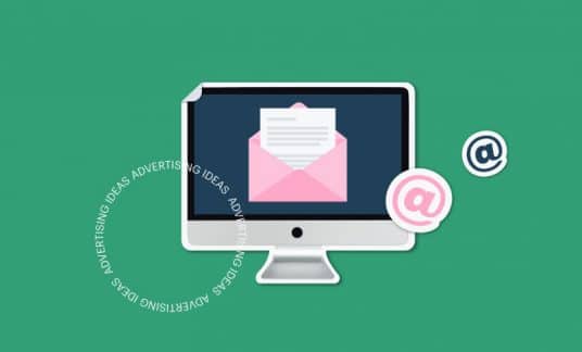 Green background with computer screen and pink envelope with letter popping out. The words “advertising ideas” are on the screen in a circle.