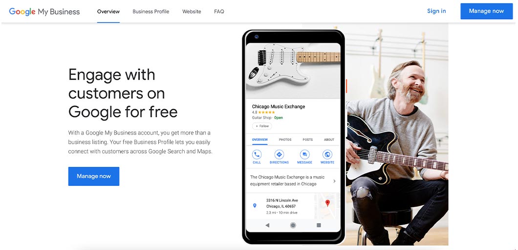 Snippet of Google My Business webpage, with an image of a cell phone featuring the Chicago Music Exchange with star rating and a photo of a man playing the guitar.