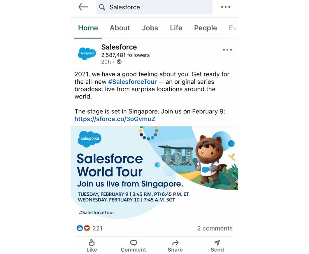 LinkedIn promotion by Salesforce showing a virtual world tour event streaming live.