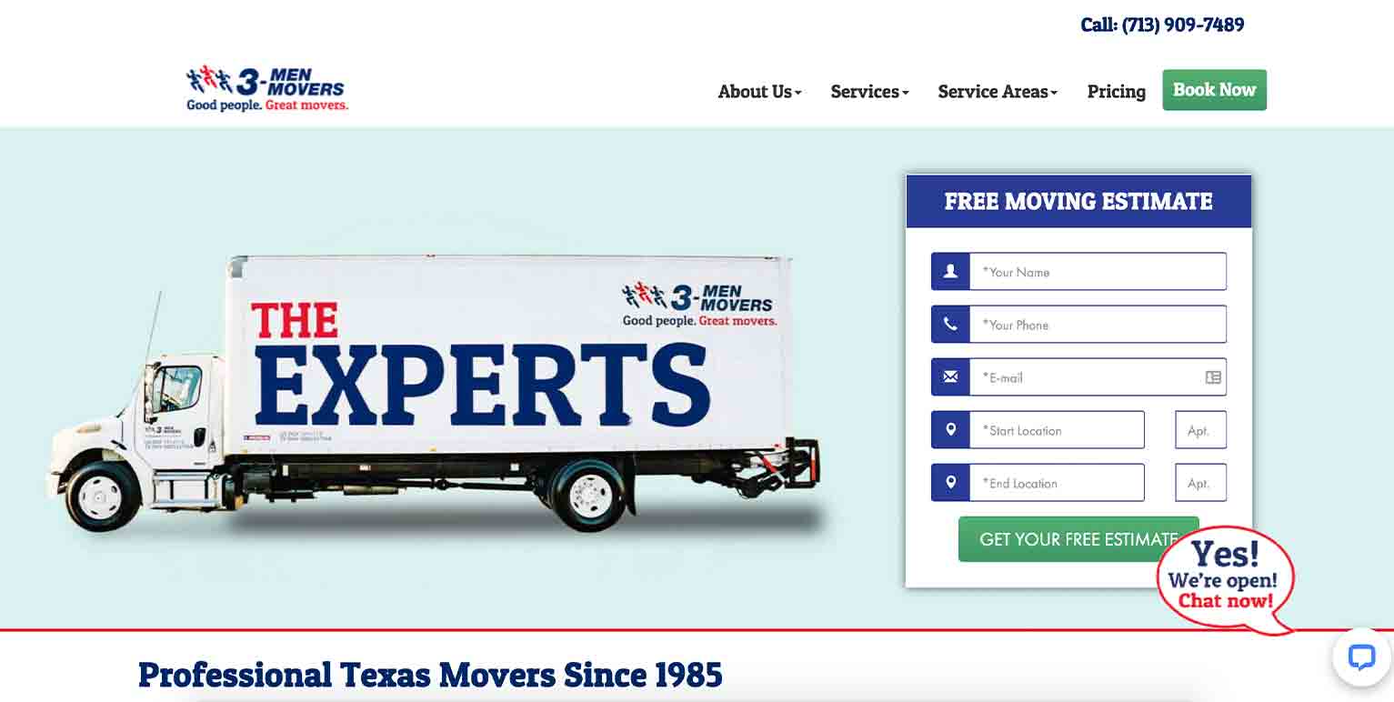 The website for 3 Men Movers shows a moving truck with the words “The Experts” on the side. A free estimate form is to the right.