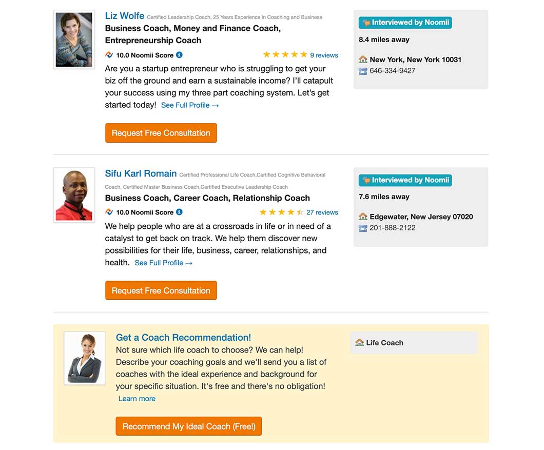 Noomi sample search results page for nearby coaches, with information about the coach, their photo and a button to request a free consultation.