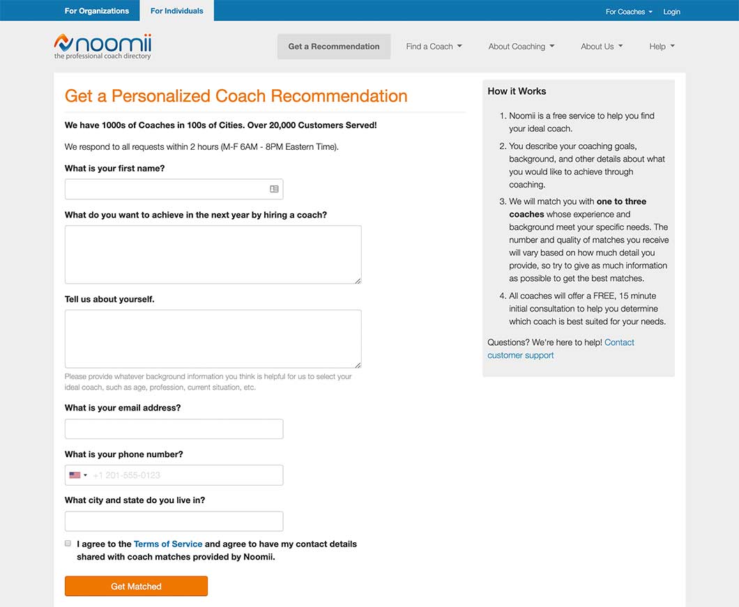Noomi’s website page to get a personalized coach recommendation by filling out a few fields of personal information.