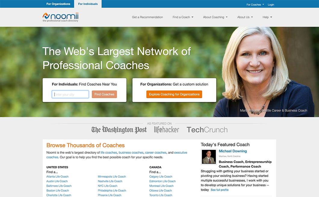 Noomi’s website home page featuring a search bar users can access to enter their ZIP code to find a coach near them.