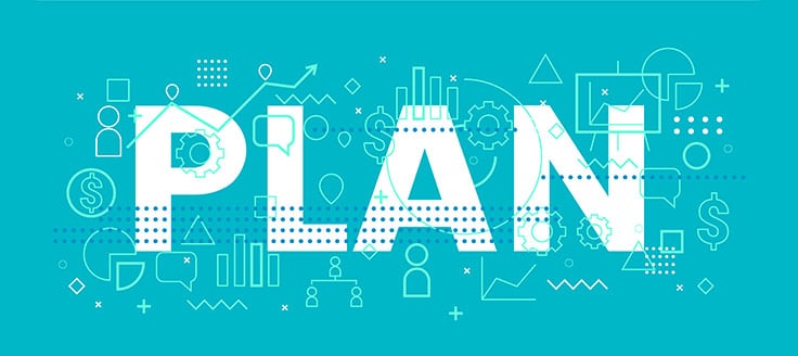The word "PLAN" over a blue background with various business graphic overlays.