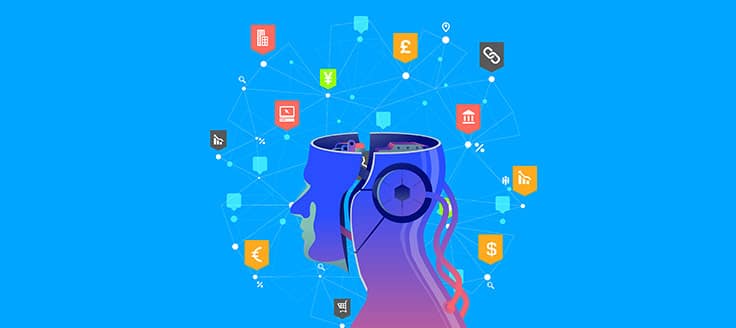 A head with a matrix of business icons surrounding it.