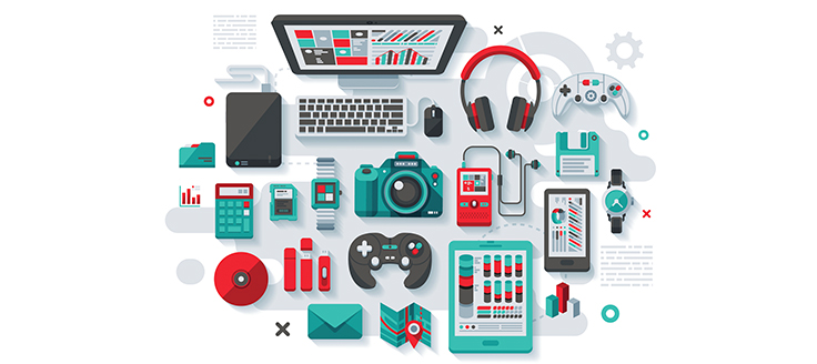 A concept illustration representing electronic tools for work and play, including a desktop computer, tables, a CD, email and game controllers.