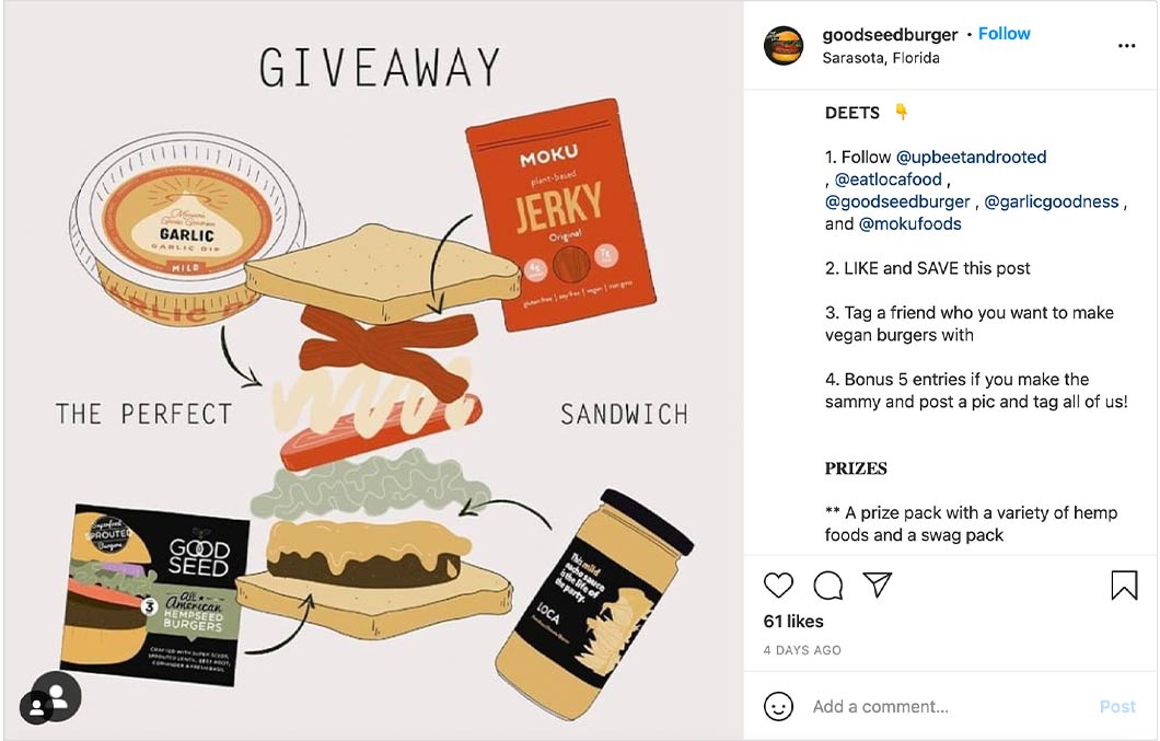Example of an Instagram post requesting user-generated content as part of a contest in which food prizes will be awarded