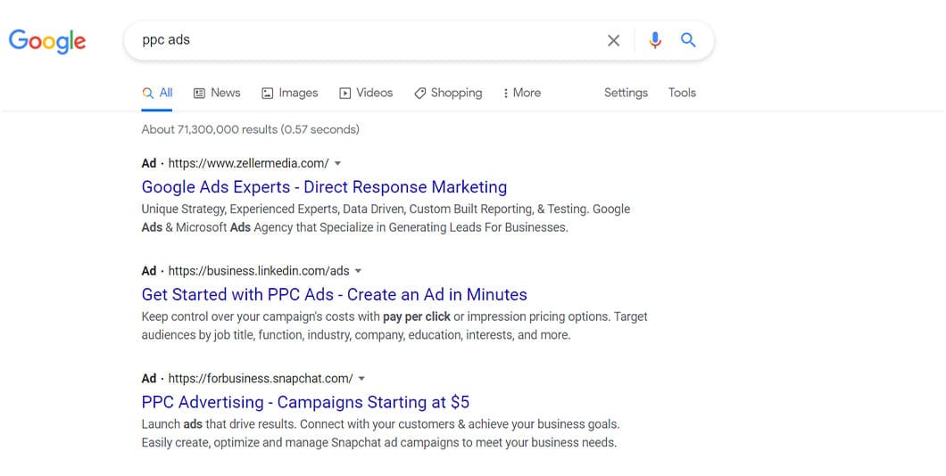 Snippet of a Google search result for the phrase “PPC ads” showing pay-per-click ads at the top of the results page