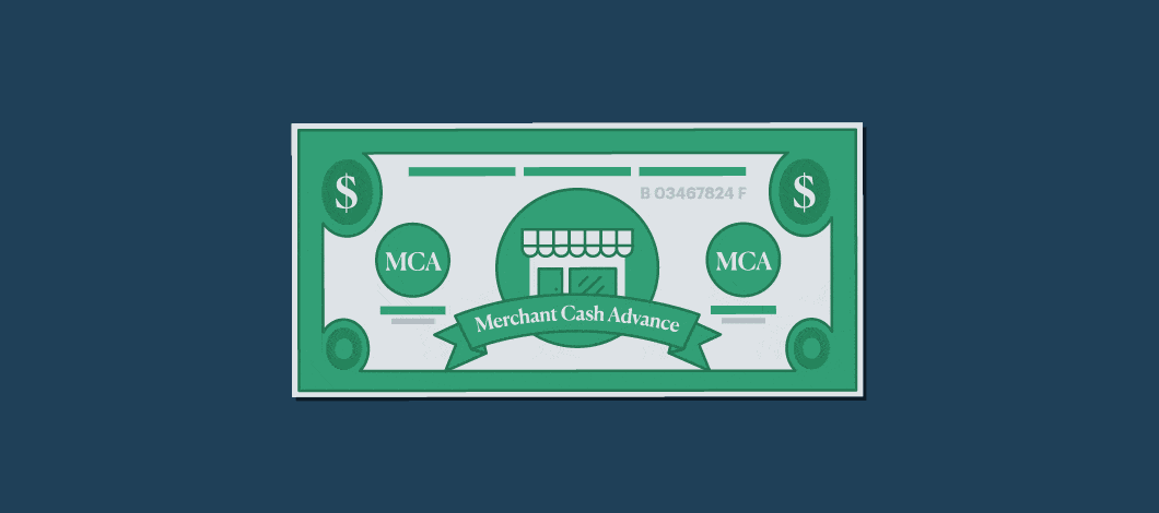 Green monetary bills moving up and down with the words “Merchant Cash Advance” on them