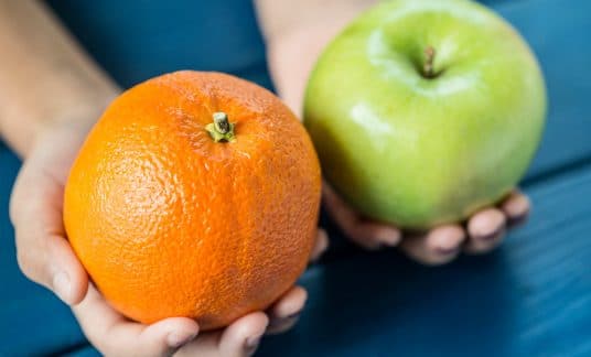 Hands holding an apple and orange, signifying the comparison between debt and equity financing