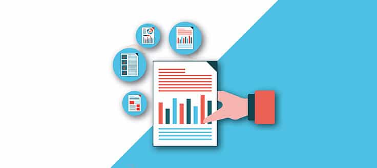 Graphic of hand holding a paper with a report and graph on it, surrounded by smaller circles, each with a paper report.