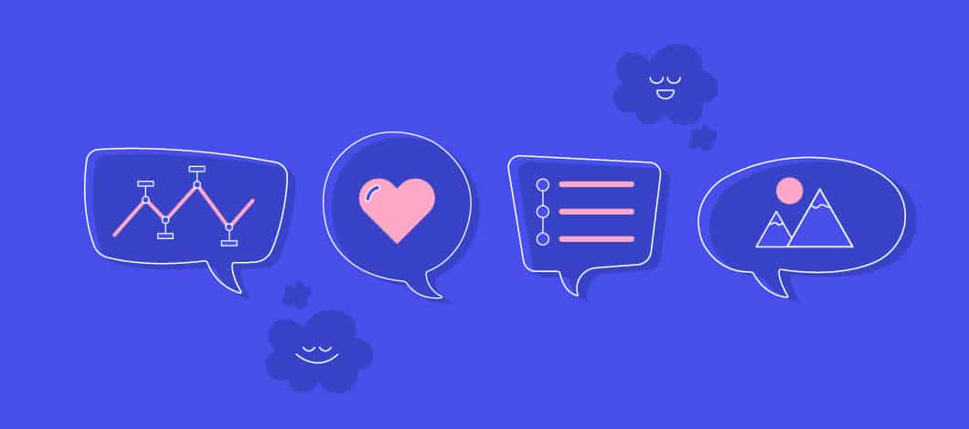 Blue background with text bubble icons with different graphics inside each, including a heart, mountain, graphs and lines.