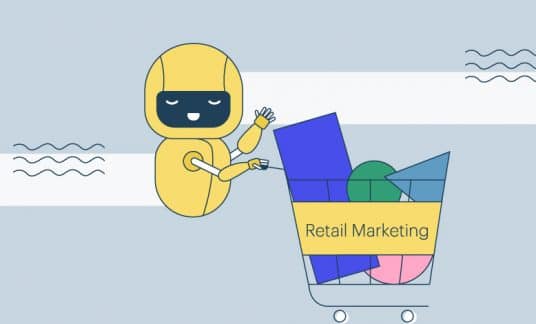 An android pushes a shopping cart full of groceries that reads “Retail Marketing.”