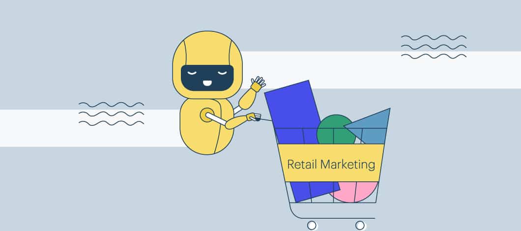 An android pushes a shopping cart full of groceries that reads “Retail Marketing.”