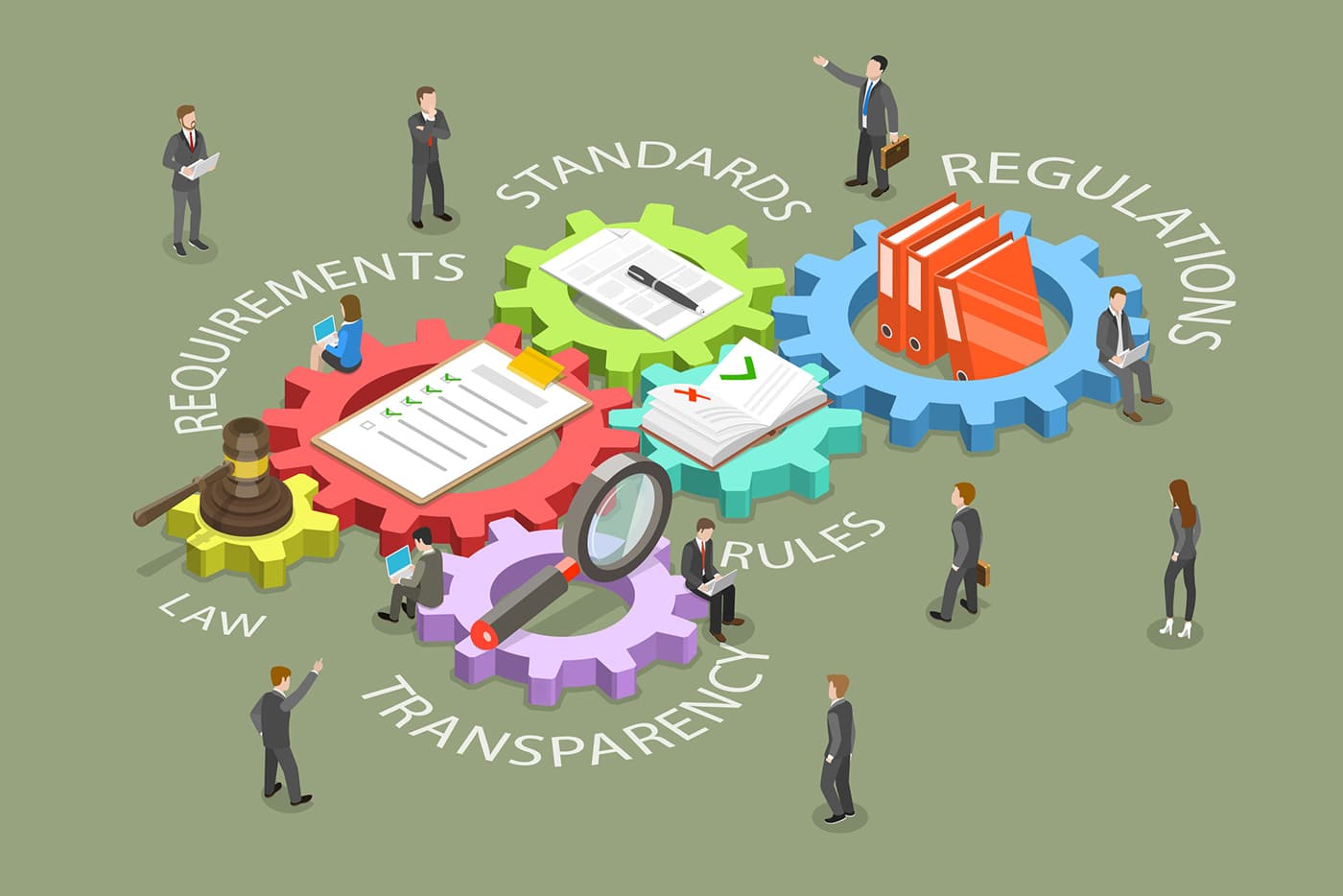 Businesspeople surround gears and words stating "regulations" "law" and "rules," depicting government regulations for businesses.
