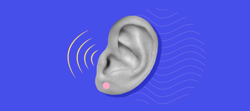 A blue background with an image of an ear and graphics to illustrate it is listening