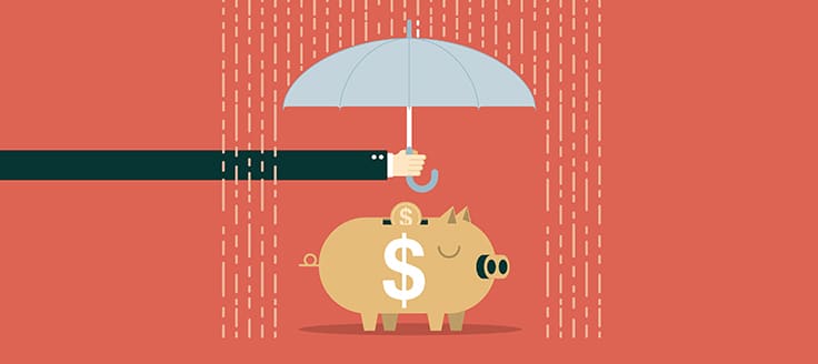 Arm holding out an umbrella to shield piggy bank from rain