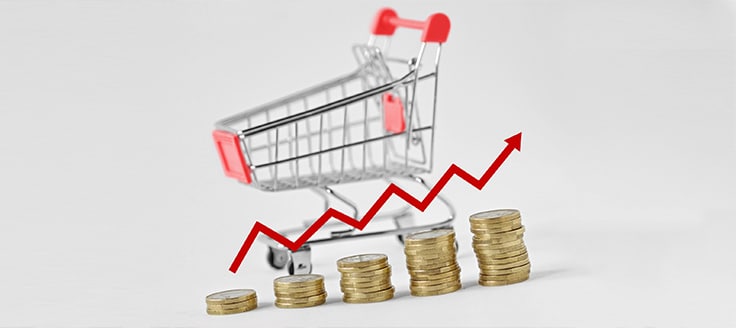 Grocery cart in background with stacks of coins and upward trending line graph in foreground