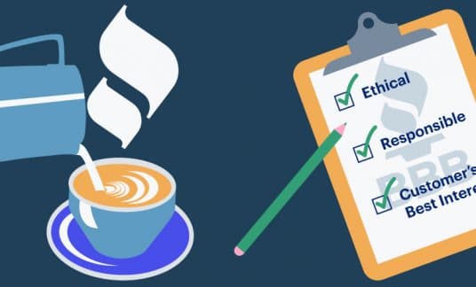 A checklist of business attributes including “ethical” and “responsible” is on a clipboard. The clipboard is next to a cup of coffee; a pitcher pours milk into the cup..