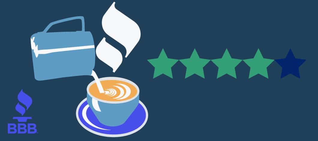 The BBB logo is near a cup of coffee as a pitcher pours milk into the cup. A 4-star rating is also seen, perhaps a BBB rating for a coffee shop.