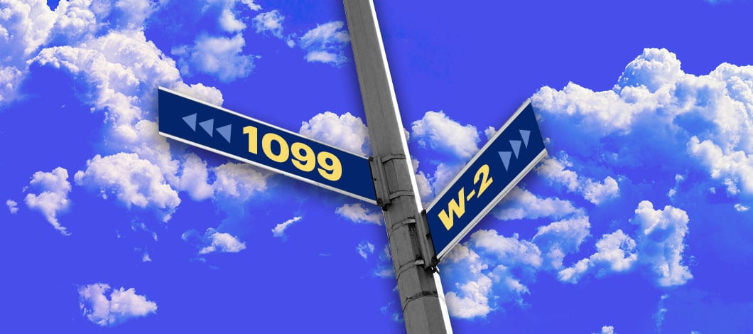 Street post with one address sign that says 1099 facing one way and another with W-2 facing another with a blue sky and clouds above