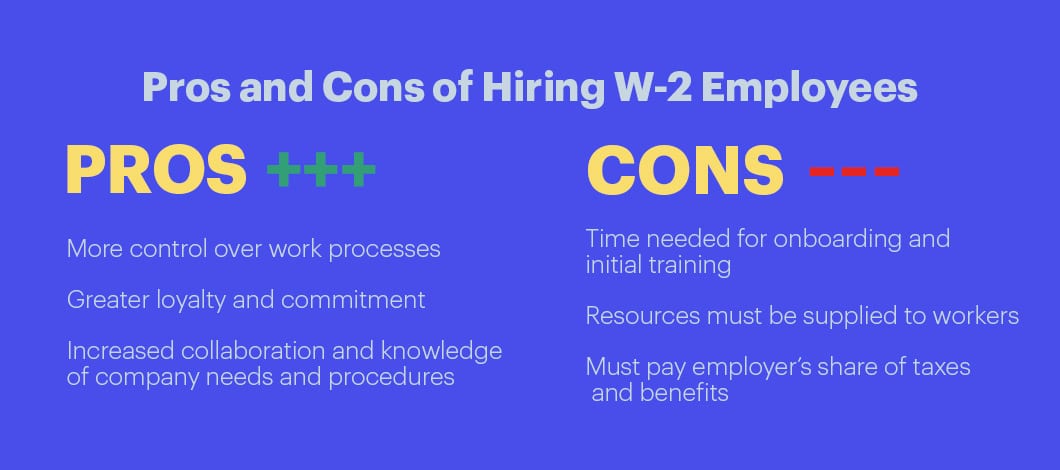 List of 3 pros and 3 cons of hiring W-2 employees