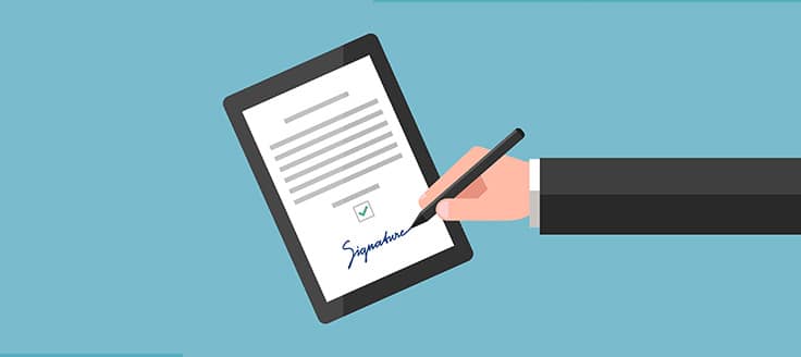 An illustration of a hand reaching out to sign a contract or other legal document.