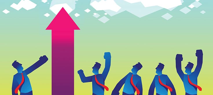 A red arrow points up while figures of businessmen stand around it and cheer in this concept illustration of success.