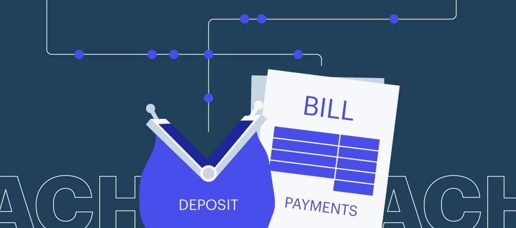 A paper with the words “Bill payments” are next to an open coin purse with “deposit” written on it. The paper and the purse are connected by lines with blue dots; this is a conceptual illustration of an ACH deposit.