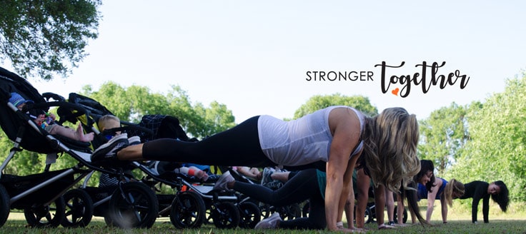 Mothers balance on strollers as they work out. MOMLETA is a low-cost franchise where mothers can bring their children to exercise classes.