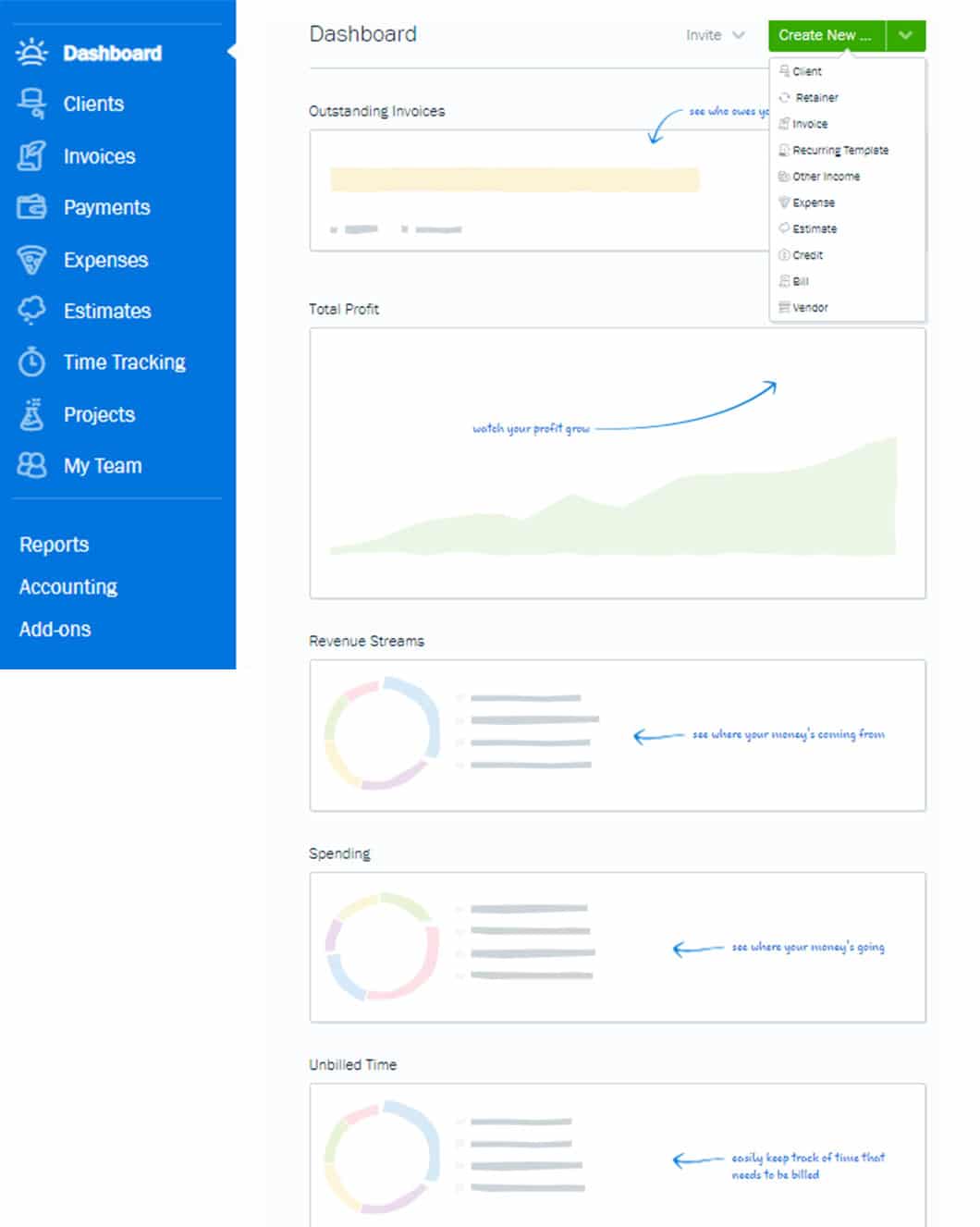 Snippet of FreshBook’s online dashboard with menu navigation options