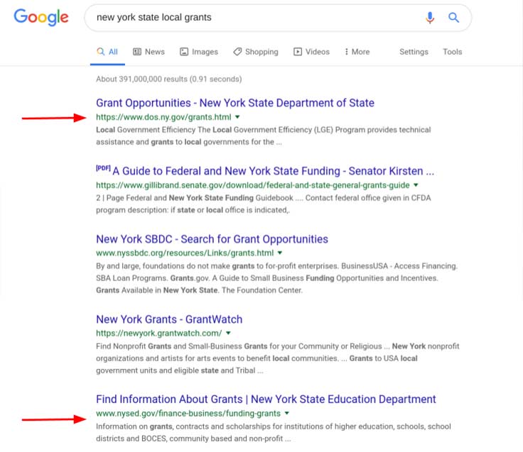 Google search results for state and regional grants