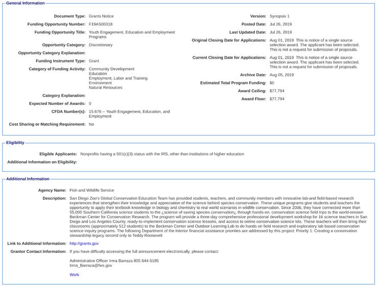 Screen grab from Grants.gov