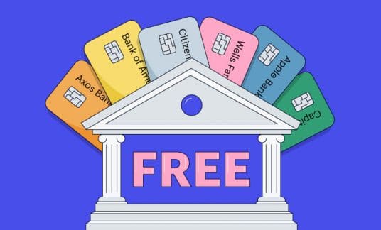 Blue background with image of bank building with the word “Free” on it and several debit cards all around